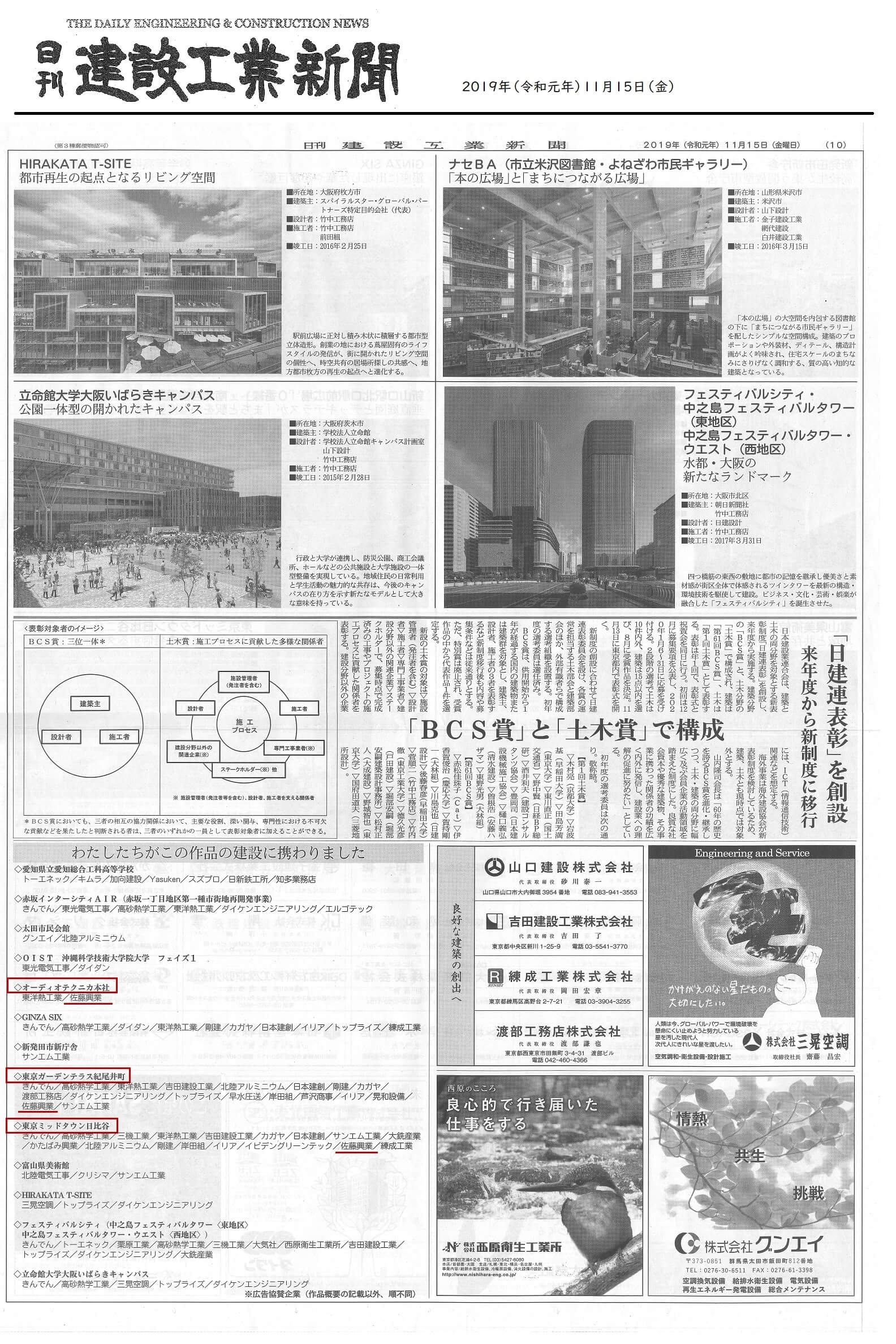 第60回BCS賞を受賞。『日刊建設工業新聞』2019.11.15 に掲載